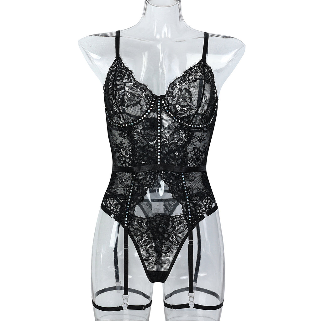 Lace Eyelash Spliced Sequins Style Women's Underwear Slimming Sexy Two-Piece Set