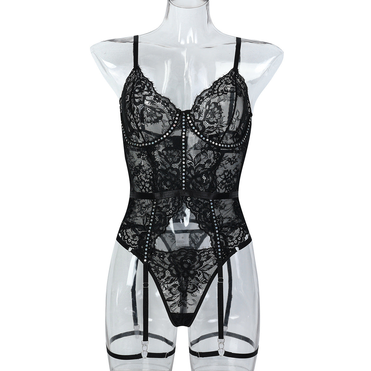 Lace Eyelash Spliced Sequins Style Women's Underwear Slimming Sexy Two-Piece Set