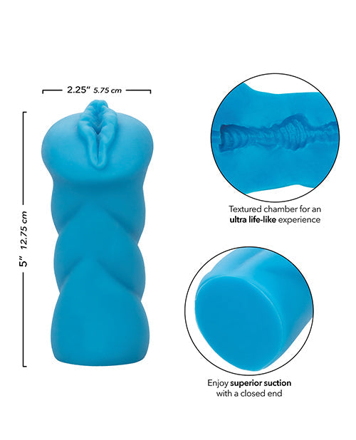 Blue silicone product with measurements and text on a white background