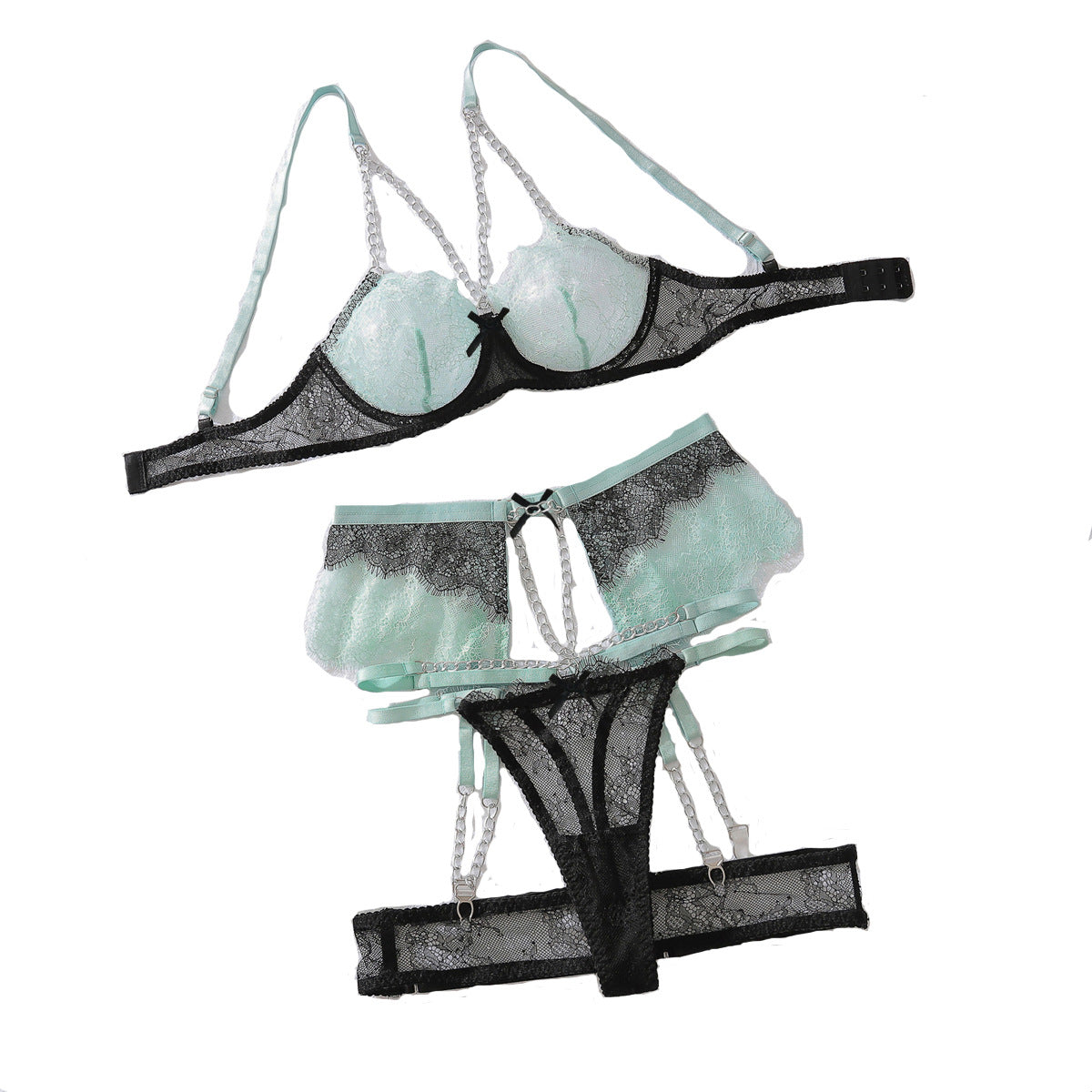 Heavy craftsmanship chain decoration contrasting lace lace lace shaping sexy lingerie split set