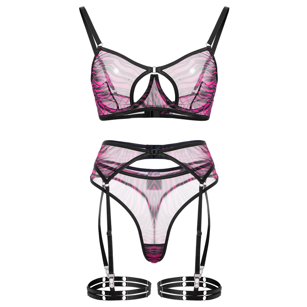 Leopard print bra set mesh printed underwear women's garter belt