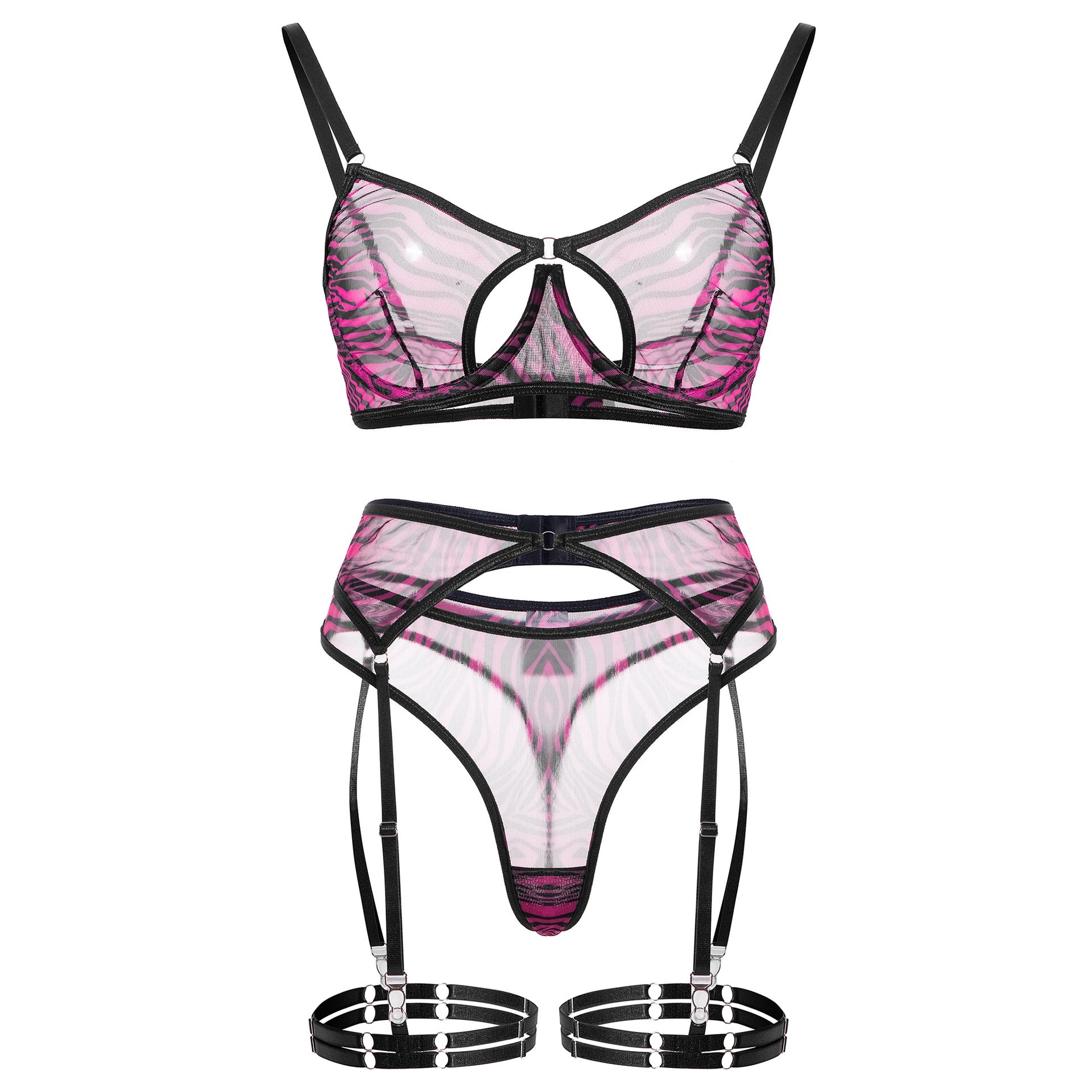 Leopard print bra set mesh printed underwear women's garter belt