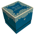 Decorative blue box with gold patterns and 'Romantic Boudoir Promises' text on a white background