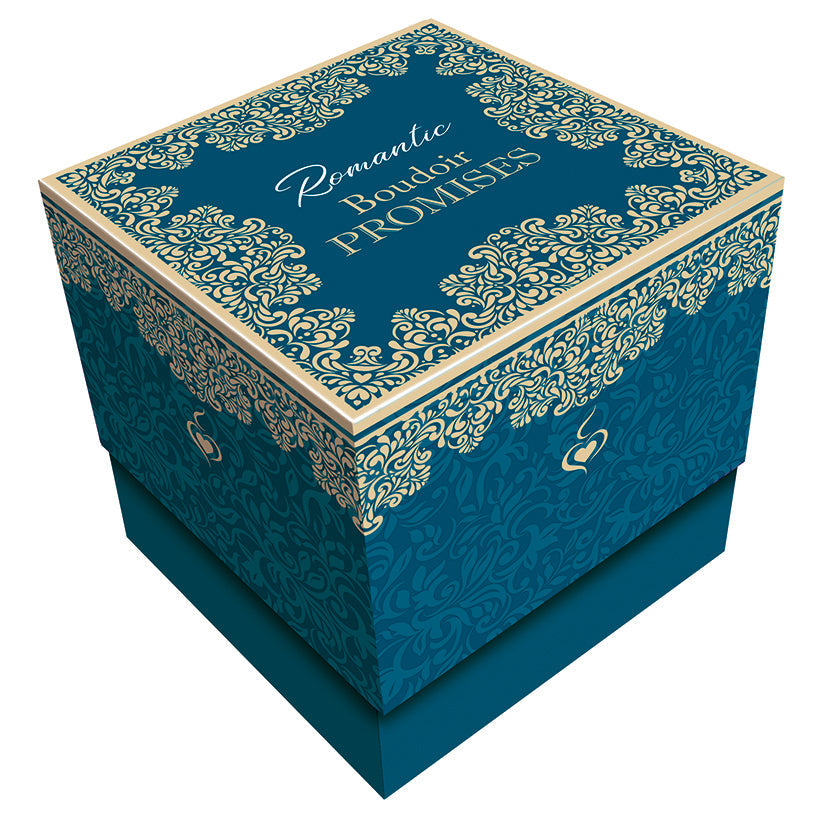 Decorative blue box with gold patterns and 'Romantic Boudoir Promises' text on a white background