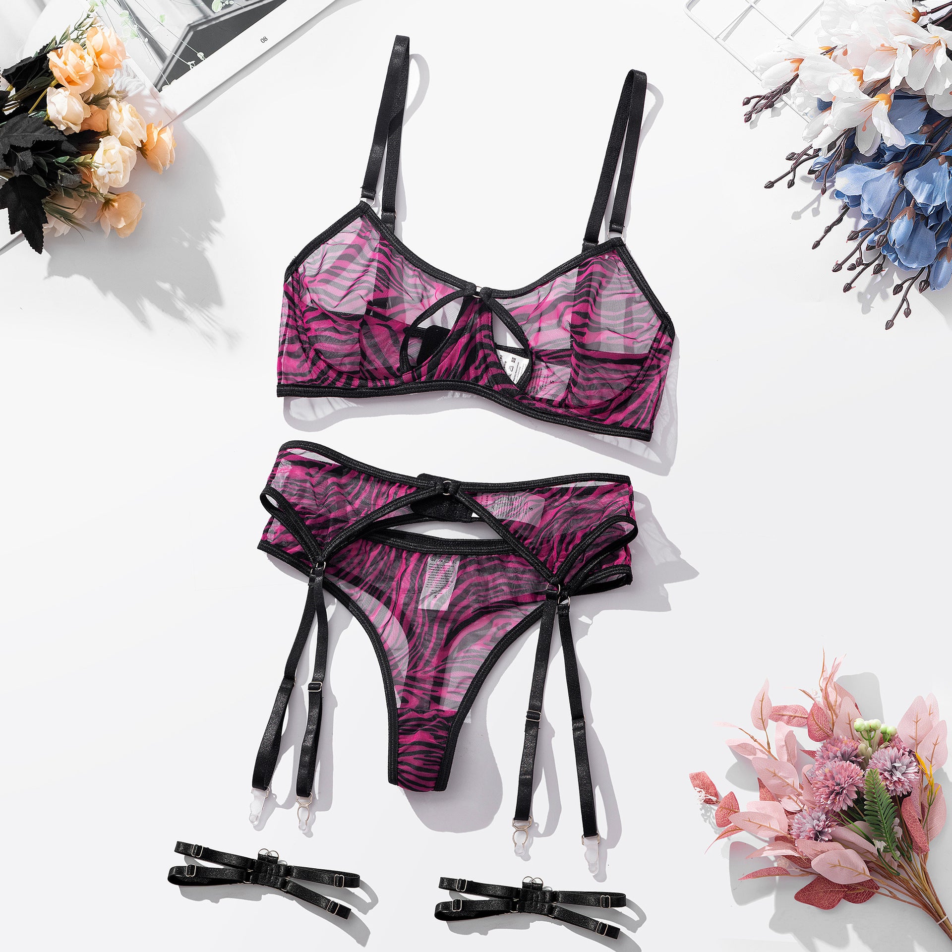 Leopard print bra set mesh printed underwear women's garter belt