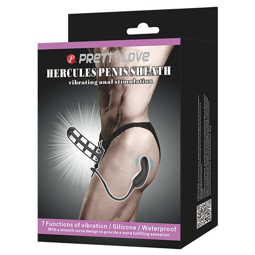 Product packaging of Pretty Love Hercules Penis Sheath with a person wearing it.