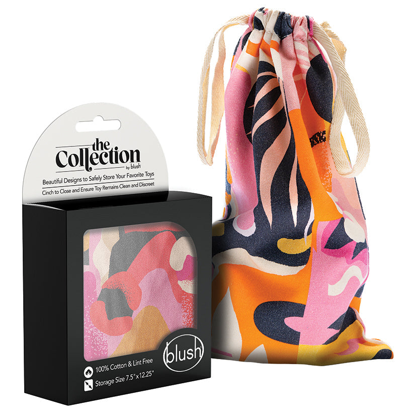 Colorful drawstring bag with packaging labeled 'the Collection by Blush' on a white background