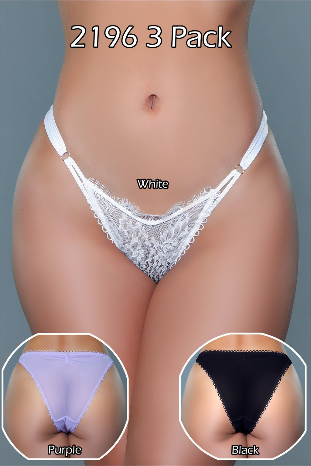 White lace thong with insets of purple and black options on a gray background