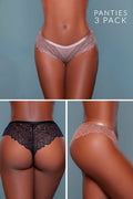 Three different styles of lace panties displayed on a model against a teal background.