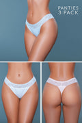 Three-pack of light blue lace panties on a gray background