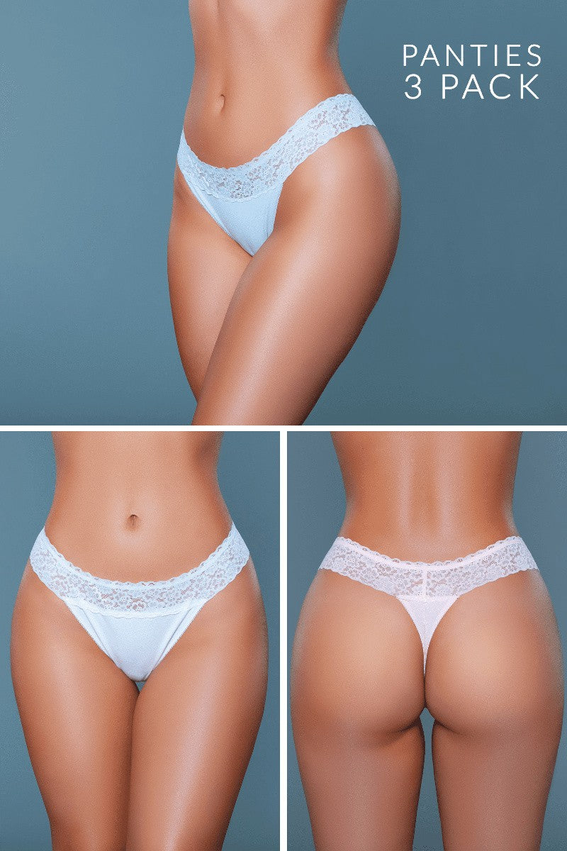 Three-pack of light blue lace panties on a gray background