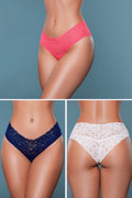 Three pairs of lace underwear in pink, blue, and white on a plain background.