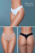 Three pairs of panties displayed on a person against a gray background, with text indicating 'Panties 3 Pack'.