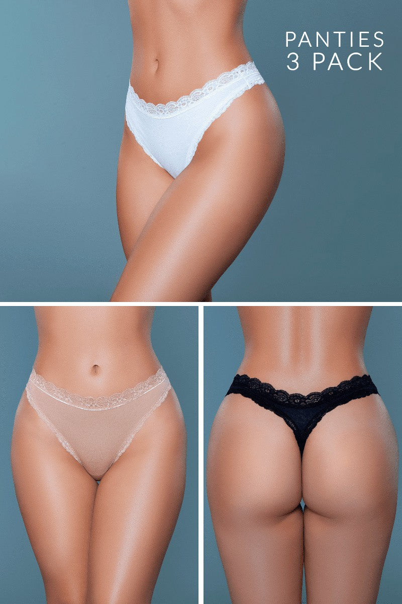 Three pairs of panties displayed on a person against a gray background, with text indicating 'Panties 3 Pack'.