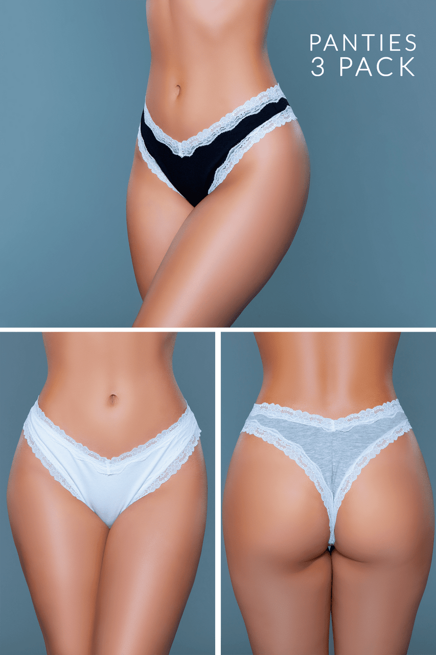 Three pairs of panties displayed on a model against a gray background, with text indicating 'Panties 3 Pack'.