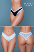 Three pairs of panties displayed on a model against a gray background, with text indicating 'Panties 3 Pack'.