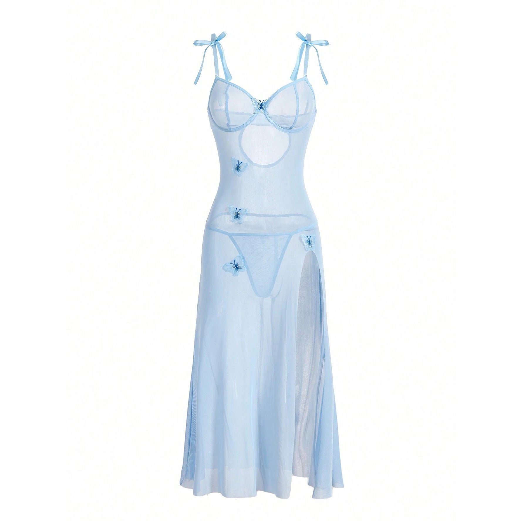 Sexy Sheer Mesh Tempting Lace Backless High Slit Light Blue Lingerie Strap Dress