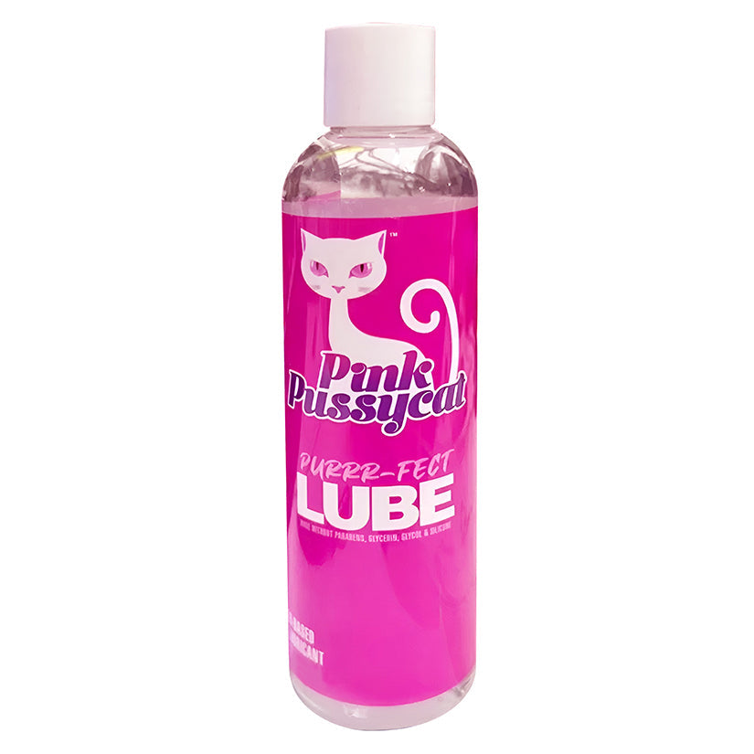 Bottle of Pink Pussycat Lube with pink label and white cap on a white background