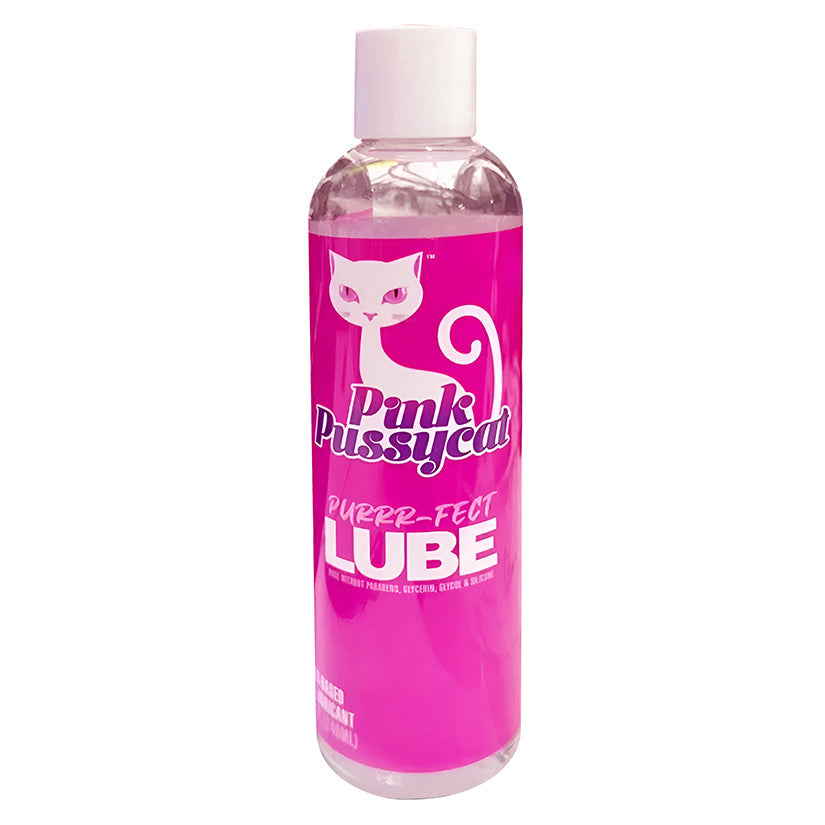 Bottle of Pink Pussycat Lube with pink label on a white background