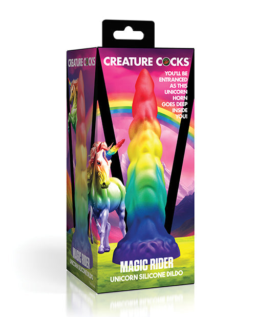 Package of a unicorn silicone dildo with colorful design and text on a white background