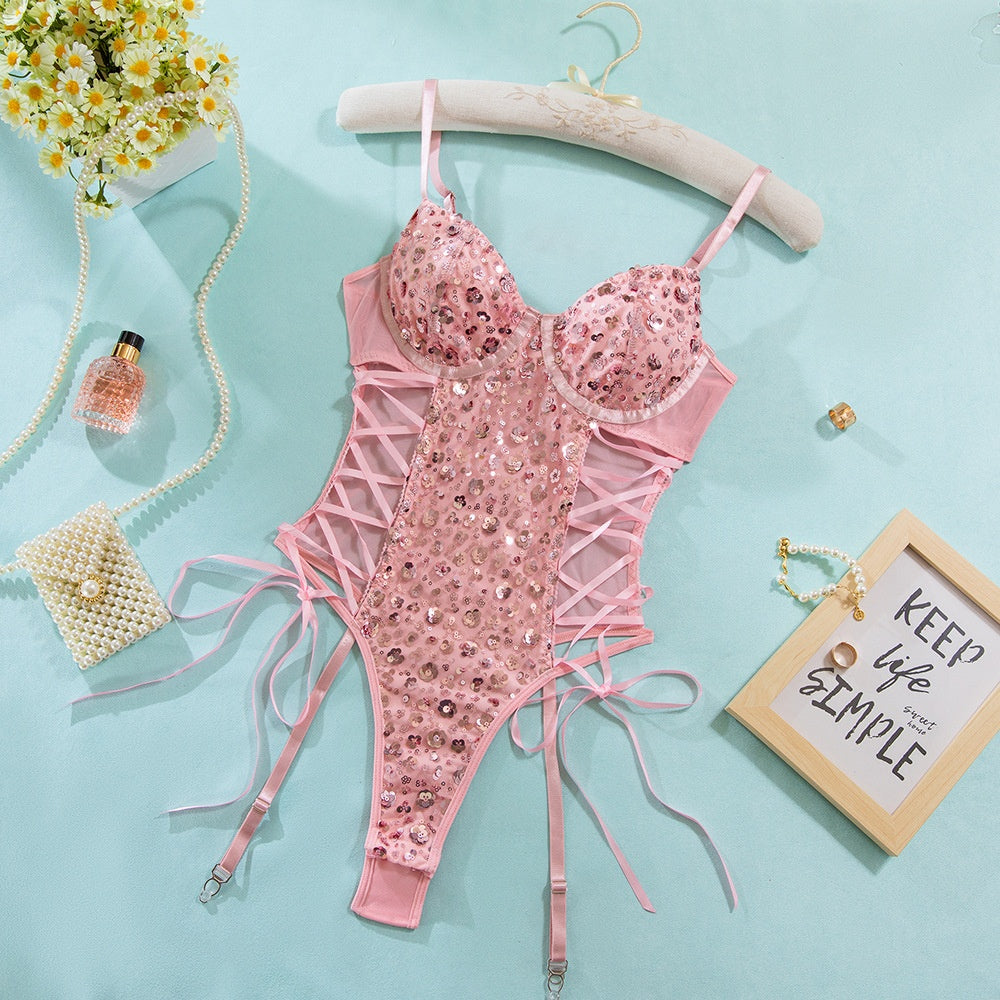 Style Pink Sequin Heavy Work Gathered Hip-Lifting Waist-Cinching Body Shaping Butterfly Tie Sexy Jumpsuit for Women