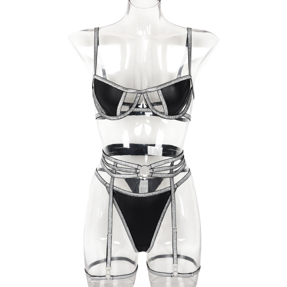 Lingerie Style Sexy Set with Gold and Silver Striped PU Leather Splicing for Women