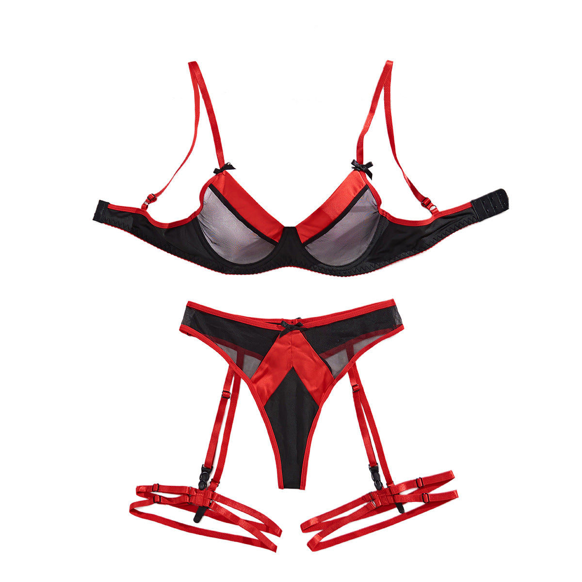 Sexy Mesh Splicing Bow Sexy Underwear Three Piece Set for Women
