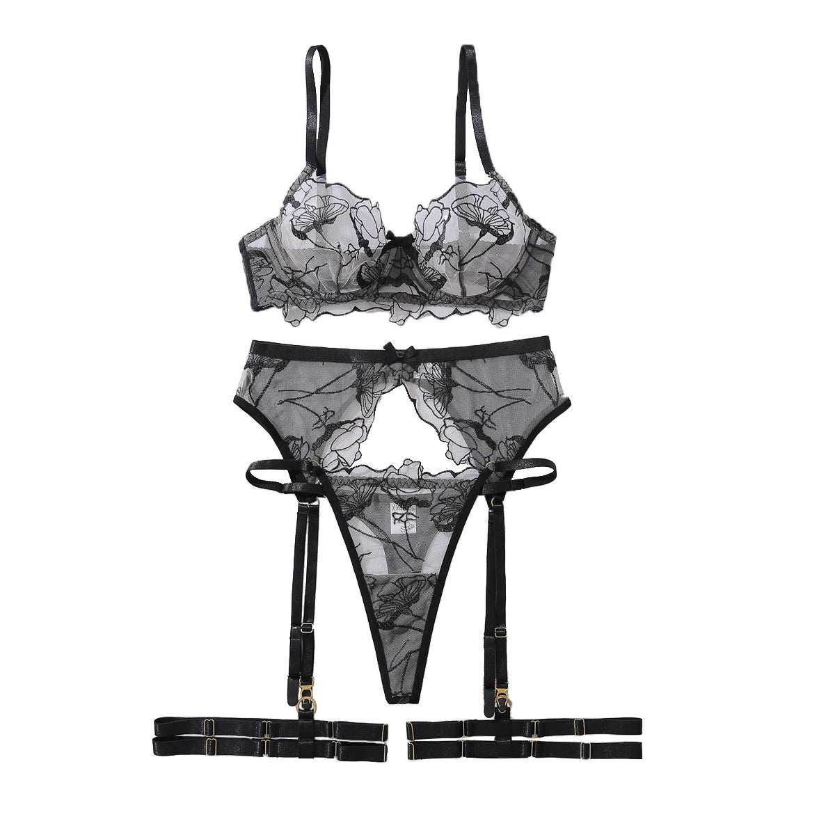 Lotus embroidery perspective shaping thin style lingerie garter belt split set with steel ring