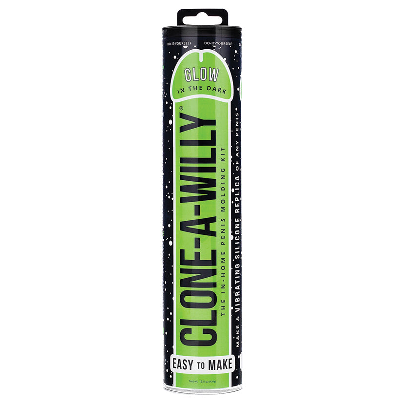 Clone-A-Willy packaging with green text on a black background