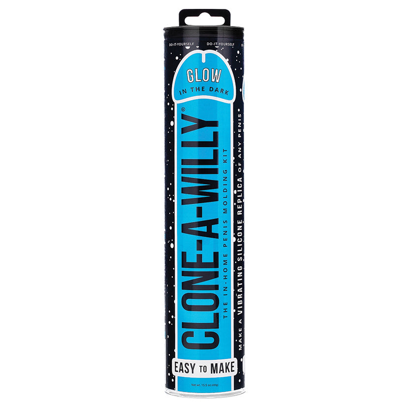 Clone-A-Willy product packaging with blue and black design on a white background