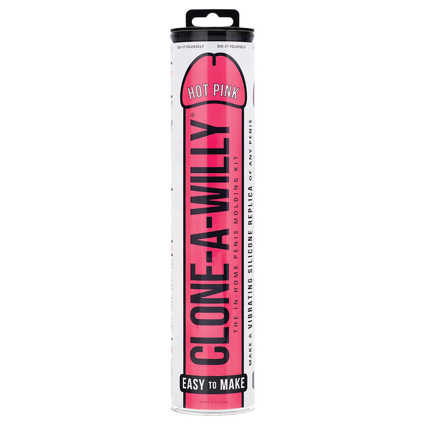 Clone-A-Willy product packaging in hot pink and black on a white background