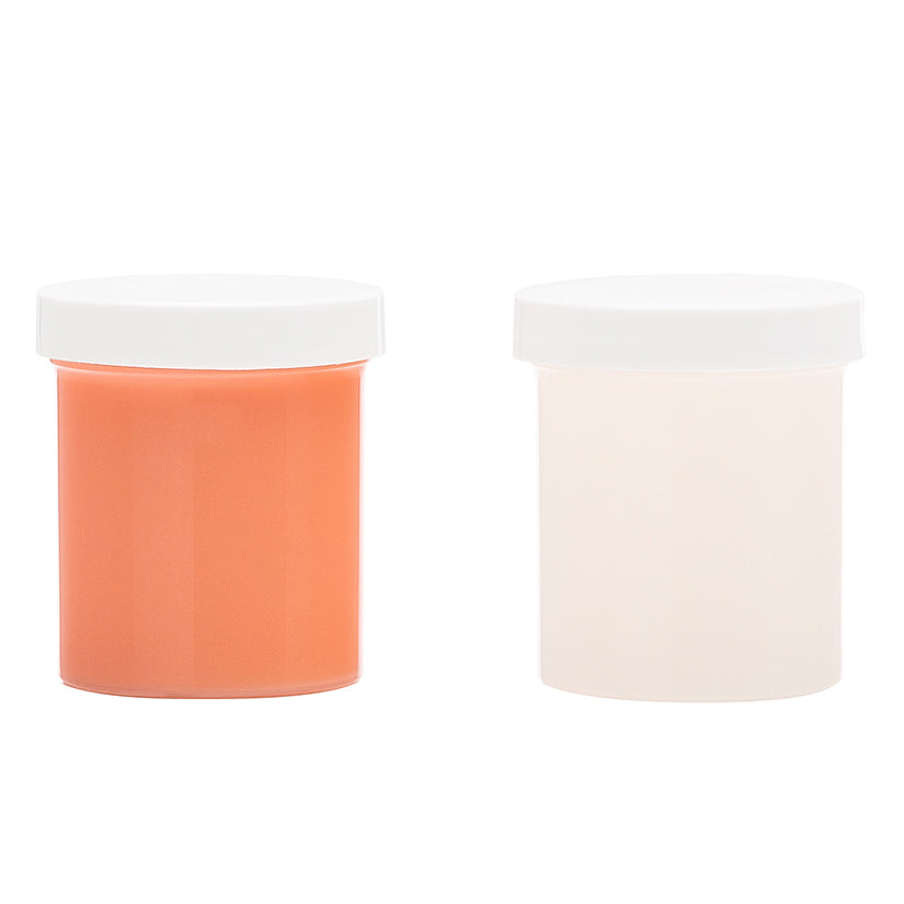 Two cylindrical containers with white lids, one orange and one beige, on a white background.