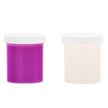 Two containers, one purple and one beige, with white lids on a white background