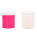 Two containers, one pink and one beige, with white lids on a white background