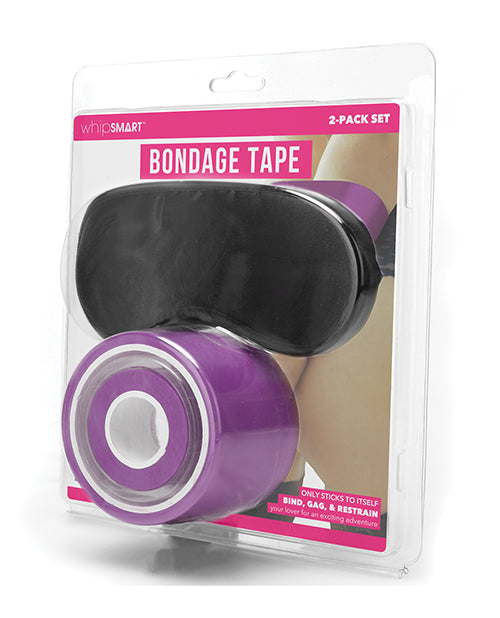 Packaged set of bondage tape with a black eye mask on a white background