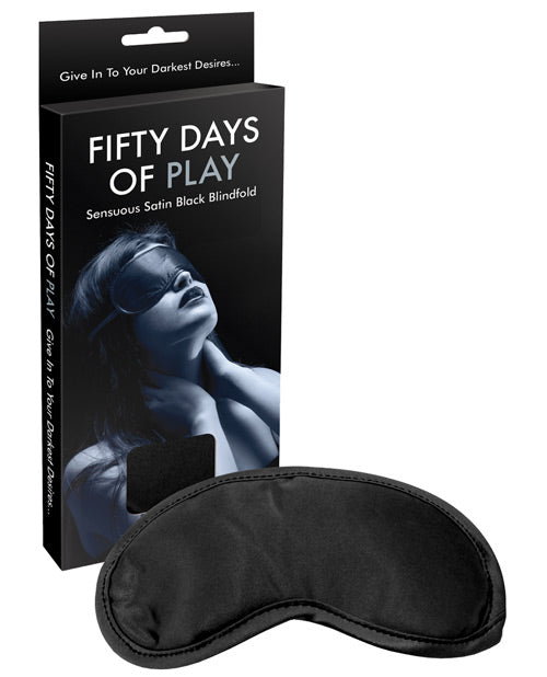 Black satin blindfold with packaging labeled 'Fifty Days of Play' on a white background