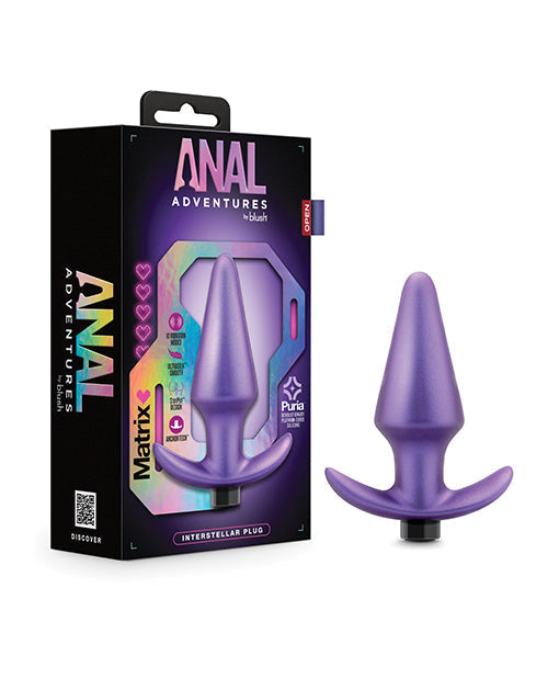 Purple anal plug with packaging labeled 'Anal Adventures' on a white background