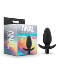 Black siliconeanal plug with packaging labeled 'Anal Adventures' on a white background