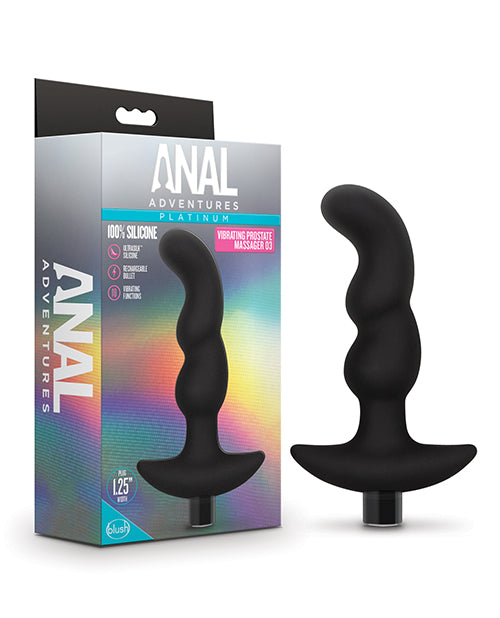 Black silicone product with 'Anal Adventures' packaging on a white background