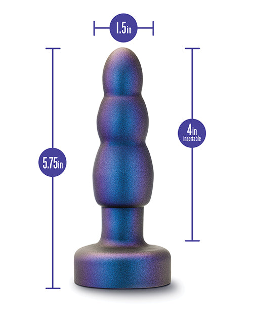 Purple and blue object with measurements on a white background