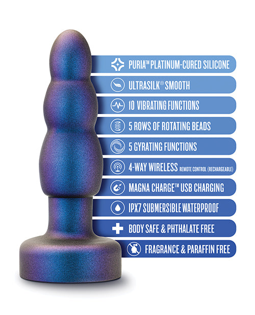 Purple and blue silicone product with feature list on a white background