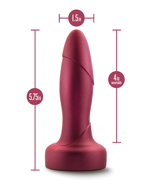 Red silicone butt plug with measurements on a white background