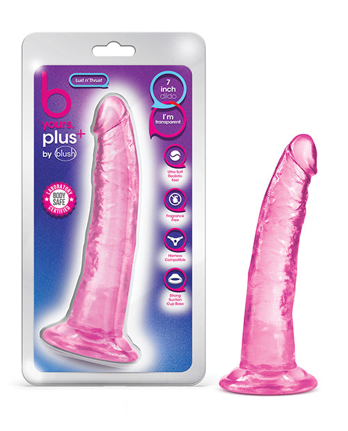 Pink toy with packaging labeled 'b yours plus' on a white background
