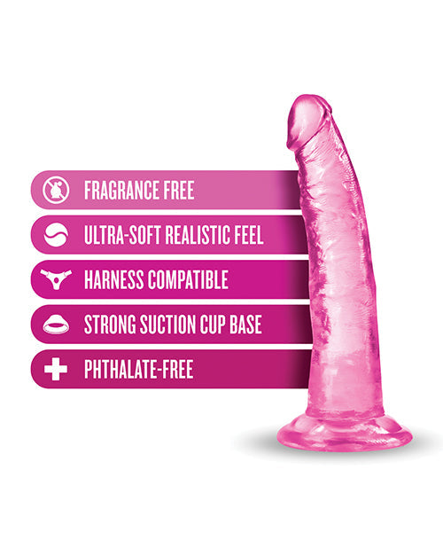 Pink silicone product with features listed on a white background