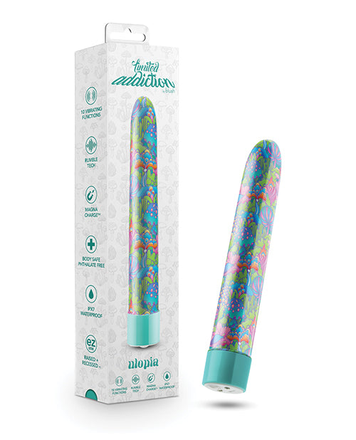 Colorful electronic device with floral pattern and teal base next to its packaging on a white background