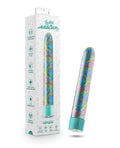 Colorful electronic device with floral pattern and teal base next to its packaging on a white background