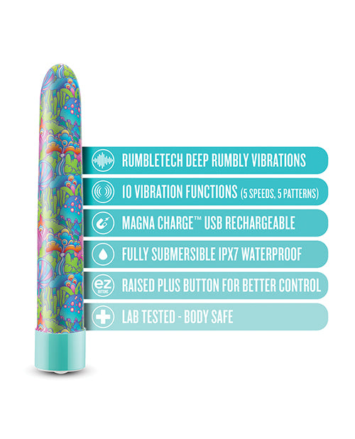Colorful cylindrical product with features listed on a white background