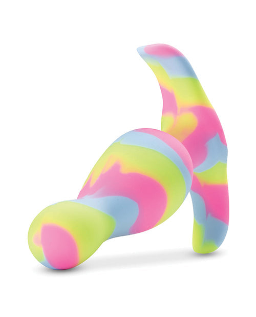 Colorful tie-dye dog toy on a white background