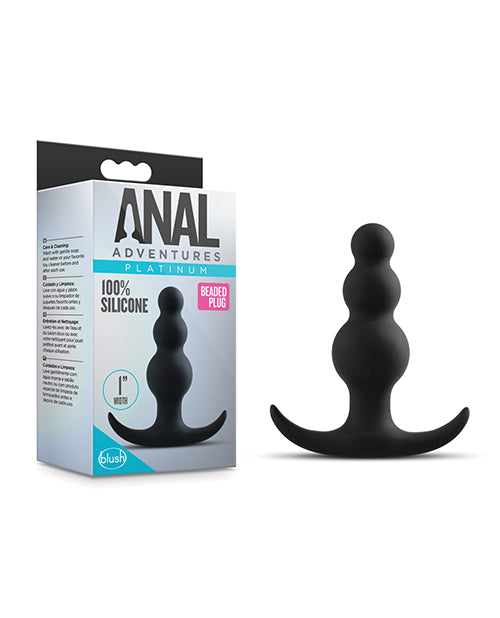 Black silicone beaver plug with packaging labeled 'Anal Adventures Platinum' on a white background