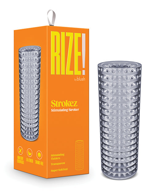 Clear cylindrical product with textured surface next to orange packaging with 'RIZE!' branding on a white background